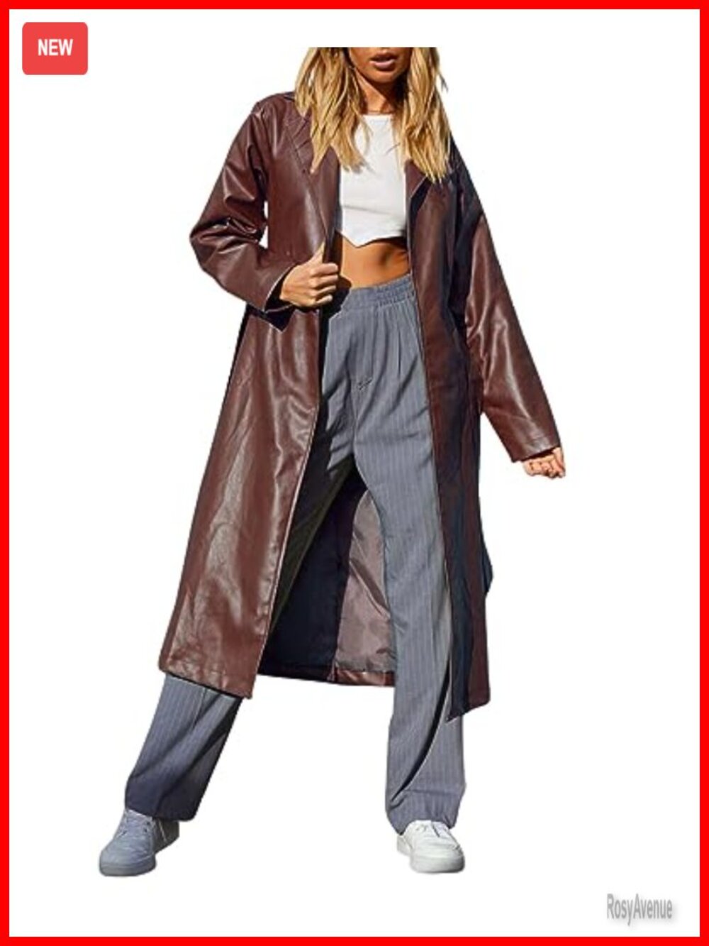 PU Faux Leather Long Trench Coat Open Front Lapel Belted